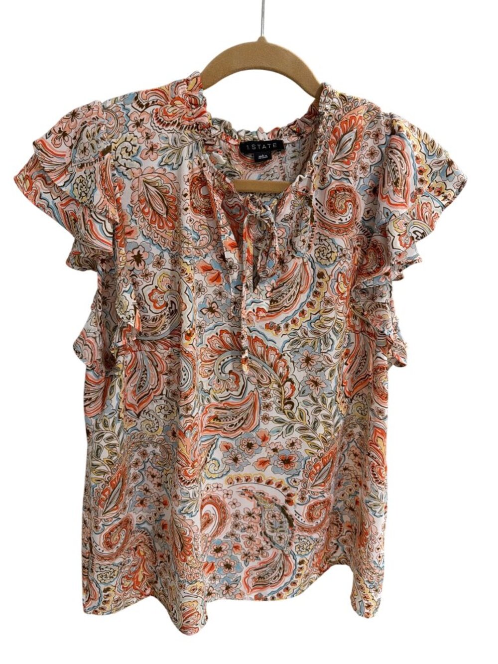 Womens Floral Paisley Blouse With Tie Neck & Flutter Sleeves Large